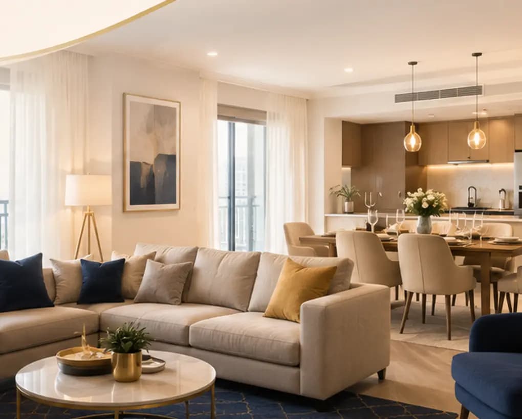 An open-plan furnished living and dining area in a Bayora Stays apartment.