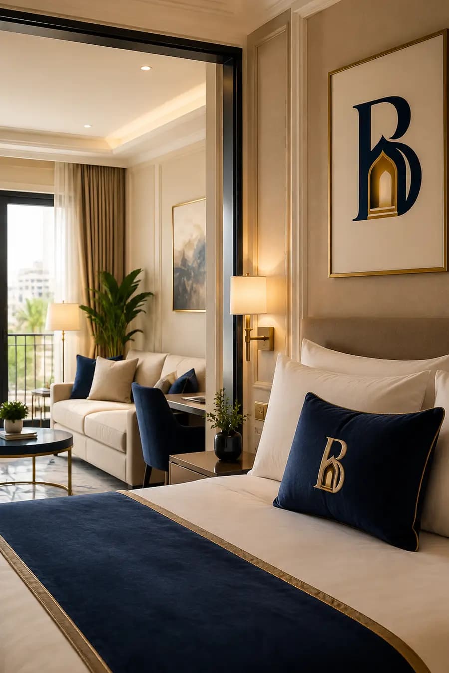 A furnished Bayora Stays bedroom opening onto a living area.