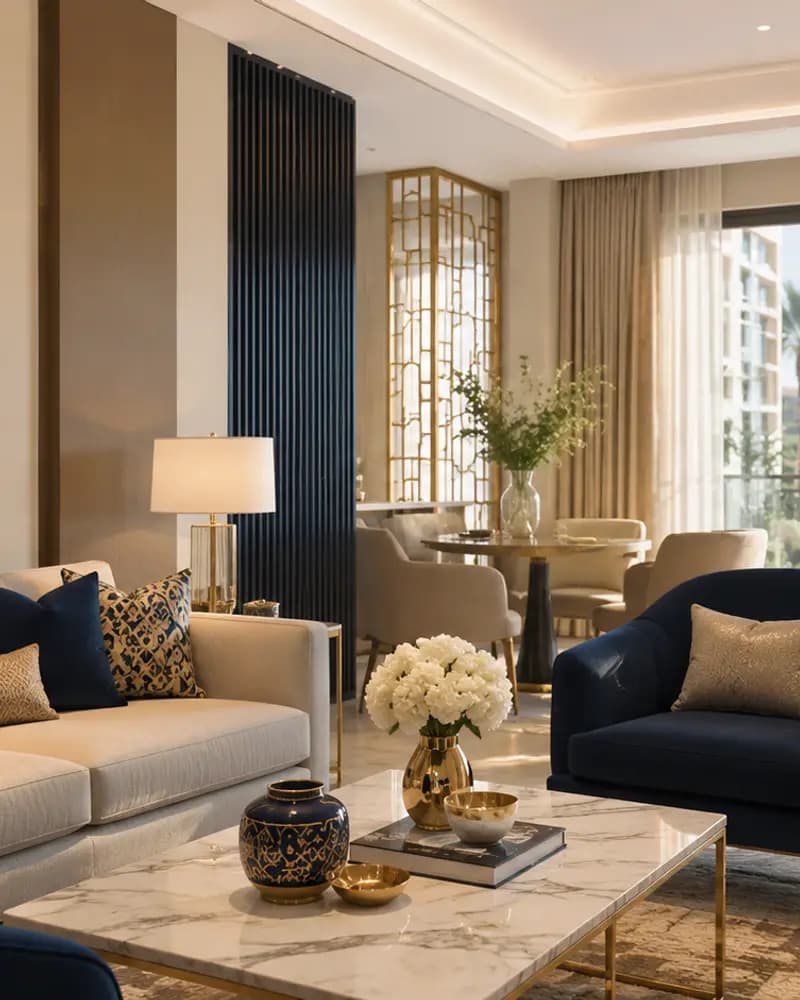 A furnished Bayora Stays living room with seating, a dining area and a balcony window.