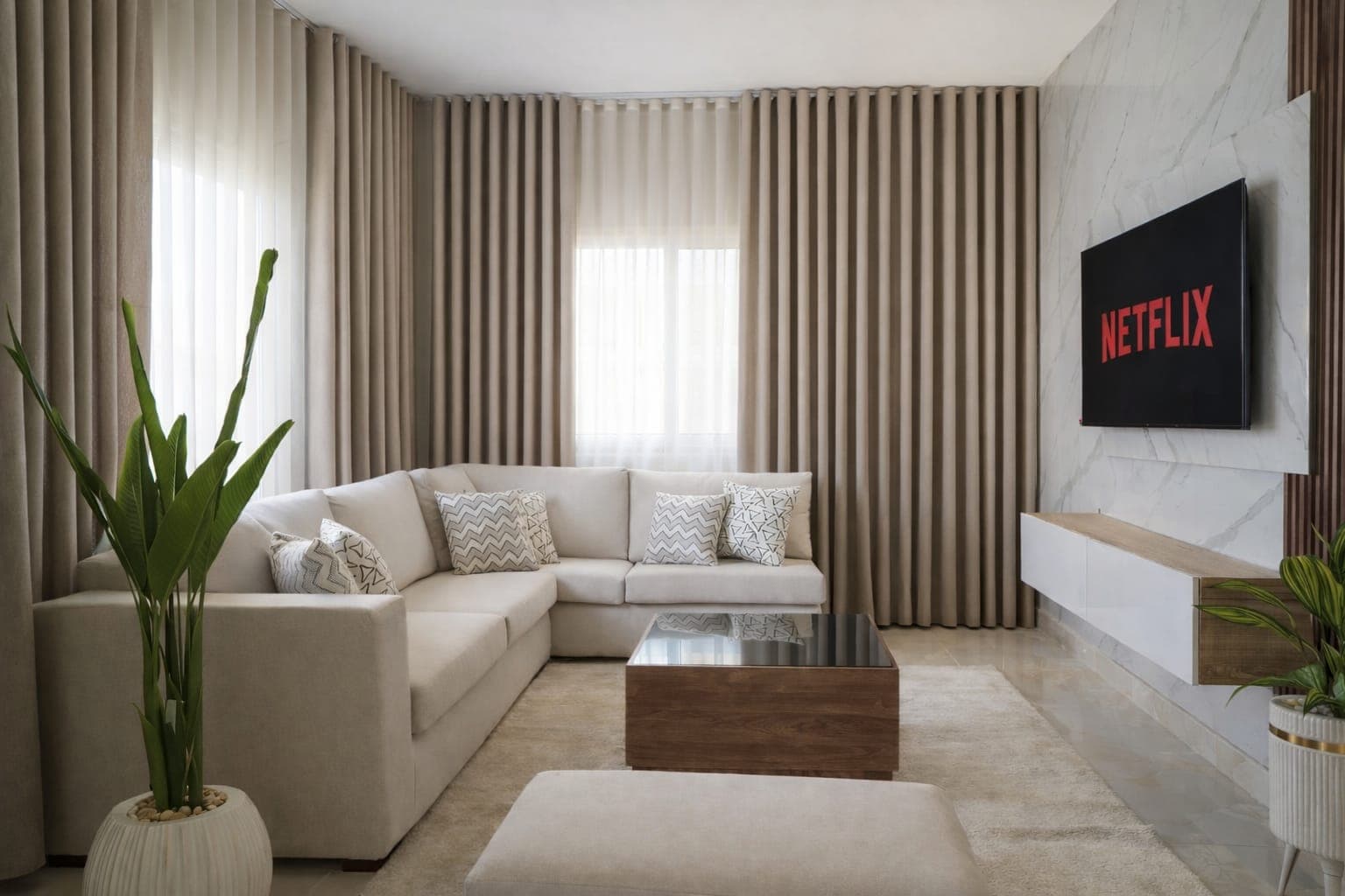 Modern living room in Bayora Stays apartment